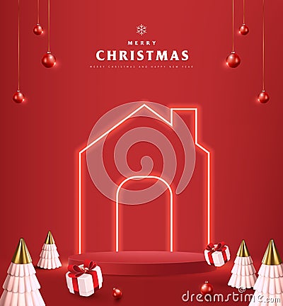 Christmas banner home icon with neon flex and product display cylindrical shape Vector Illustration