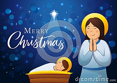 Merry Christmas banner, Nativity scene with Jesus in manger Vector Illustration