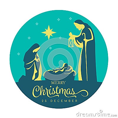 Merry Christmas banner sign with Nightly christmas scenery mary and joseph in a manger with baby Jesus and star light in navy blue Vector Illustration