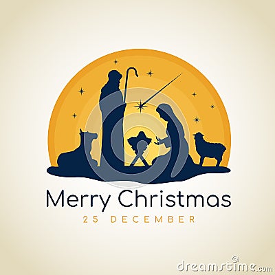 Merry Christmas banner sign with Nightly christmas scenery mary and joseph in a manger with baby Jesus vector design Vector Illustration