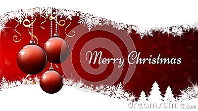 Merry Christmas banner. Three Red Christmas ornament balls on red and white background. Vector illustration, eps10 Cartoon Illustration