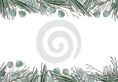 Merry Christmas banner and Winter green leaves, eucalyptus and conifer leaves illustration. Christmas background graphic Cartoon Illustration