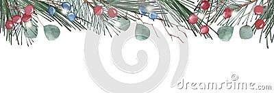 Merry Christmas banner and Winter green leaves, eucalyptus and red, blue berries decoration illustration. Christmas Cartoon Illustration