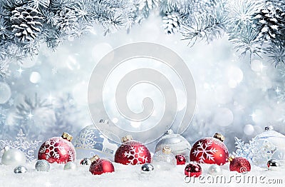 Merry Christmas - Baubles On Snow Stock Photo