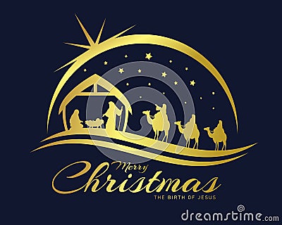 Merry christmas the birth of jesus banner with gold Nativity of Jesus scene and Three wise men go for the star of Bethlehem vector Vector Illustration