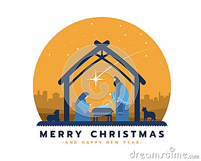 Merry christmas - the birth of jesus banner with Nightly christmas scenery mary and joseph in a manger with baby Jesus in circle Vector Illustration