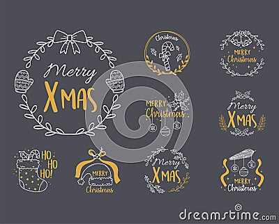 Merry christmas black background with collection labels, sock, hat, balls, Vector Illustration