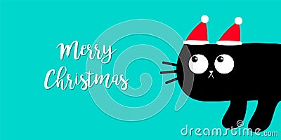 Merry Christmas. Black cat kitten peeking around the corner. Red Santa hat on ears. Kawaii cute cartoon character. Baby pet. Vector Illustration