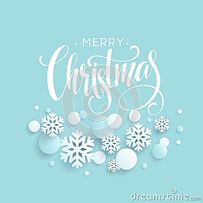 Merry Christmas blue background with papercraft snowflake. Greeting lettering card. Vector illustration Vector Illustration