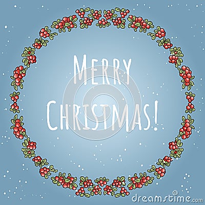 Merry Christmas boho lettering in a wreath of red berries vector ornament Vector Illustration