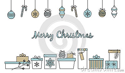 Merry Christmas border with hand drawn various decorated gift boxes in white blue and beige and hanging baubles isolated Vector Illustration