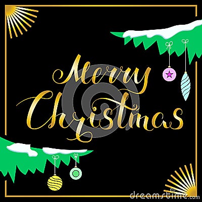 Merry Christmas and Branch Black Vector Illustration