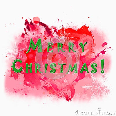 `Merry Christmas!` on Bright Red Abstract Texture with Snowflakes. Stock Photo