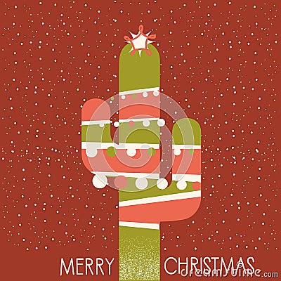 Merry Christmas cactus illustration with garland on red background Vector Illustration