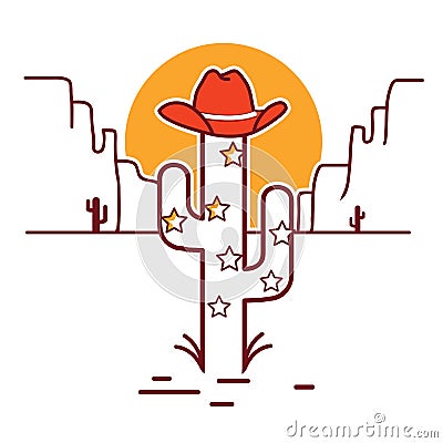 Merry Christmas cactus illustration with garland and cowboy western hat Vector Illustration