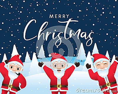 Merry Christmas calligraphic with santa characters Vector Illustration