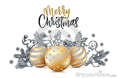 Merry Christmas calligraphy lettering, golden holiday decoration. Vector 3d illustration for banner, poster, invitation Vector Illustration