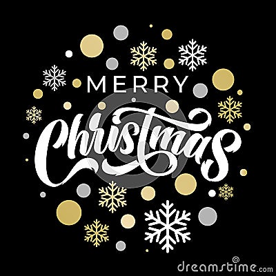 Merry Christmas calligraphy lettering on golden and silver snowflake ornament pattern. Merry Christmas greeting card with stars Vector Illustration