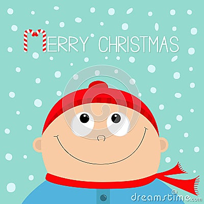 Merry christmas Candy cane. Kid face looking up to snow. Baby boy wearing red hat scarf. Cute cartoon character. Funny head Vector Illustration