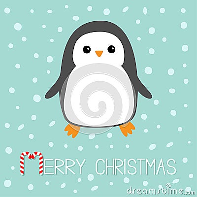 Merry Christmas Candy cane text. Kawaii Penguin bird. Cute cartoon baby character. Flat design Winter antarctica blue background w Vector Illustration