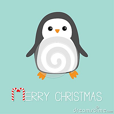 Merry Christmas Candy cane text. Kawaii Penguin bird icon. Cute cartoon baby character. Flat design Winter antarctica blue backgro Vector Illustration