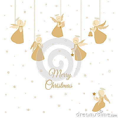 Merry Christmas card with angels and gifts Vector Illustration
