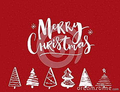Merry Christmas card with brush typography inscription and sketched christmas trees. Vector template design. Vector Illustration