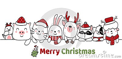 Merry christmas card cartoon hand drawn style. Vector Illustration