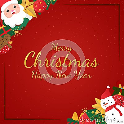 Merry christmas card concept cartoon element corner gold frame Vector Illustration