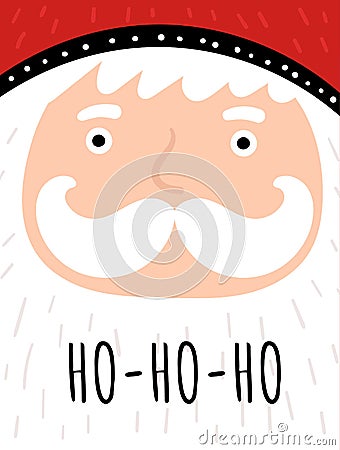 Merry Christmas card with cute Santa, snowflakes, text. Doodle winter holidays, noel background, poster Vector Illustration
