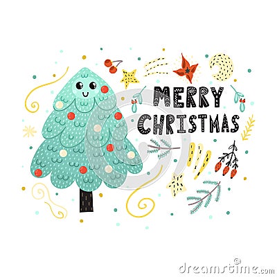Merry Christmas card with a cute tree. Funny holiday print Vector Illustration