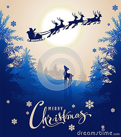 Merry Christmas card design text. Young deer looks up at silhouette Santa sleigh of reindeer in night sky. Winter fairy forest Vector Illustration
