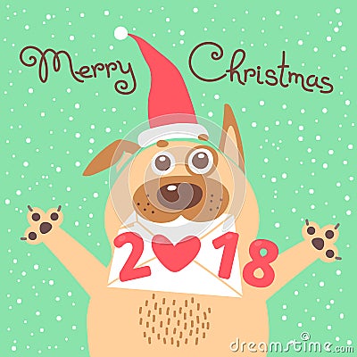 Merry Christmas 2018 card with dog. Funny puppy congratulates on holiday. Vector Illustration