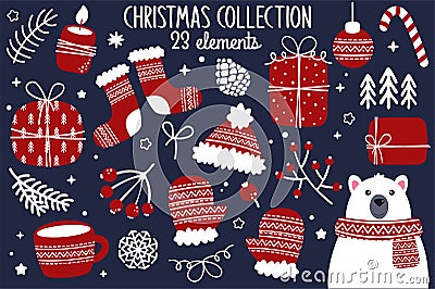 Set of cute Christmas and winter vector elements. Cozy winter clipart - gift boxes, warm clothes, polar bear, Christmas tree Vector Illustration