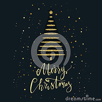 Merry Christmas card with gold glitter Christmas tree and snowflake. Modern lettering. New Year card. Used for greeting card, vale Stock Photo