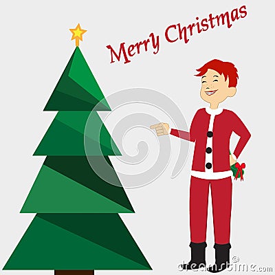 Merry Christmas card with green tree, yellow star on background. Boy in Santa's costume. Vector illustration editable template. Vector Illustration