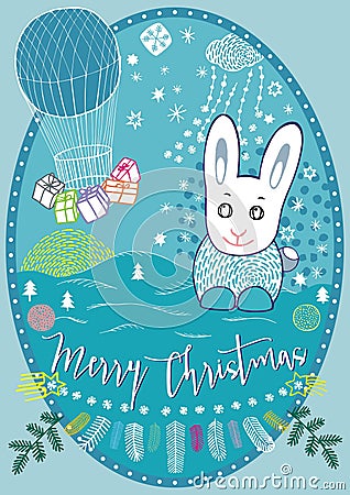 Merry Christmas card with rabbit and flying balloon Vector Illustration