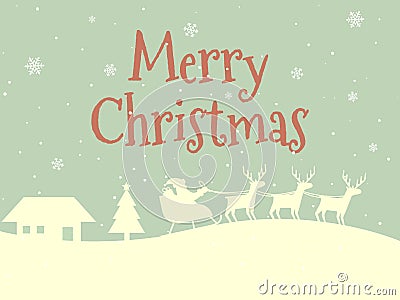 Merry Christmas card. Retro style concept. Happy New Year design. Winter landscape and Santa Claus. House and Christmas tree. Vect Vector Illustration