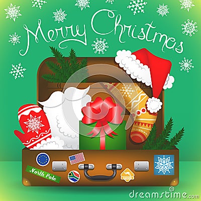 Merry Christmas card. Santa Claus travel suitcase. Vector Illustration