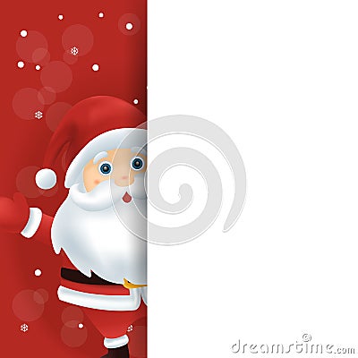 Merry christmas card of santa claus waving behind sign. 3D christmas greeting card. Christmas banner with copy space for text Vector Illustration