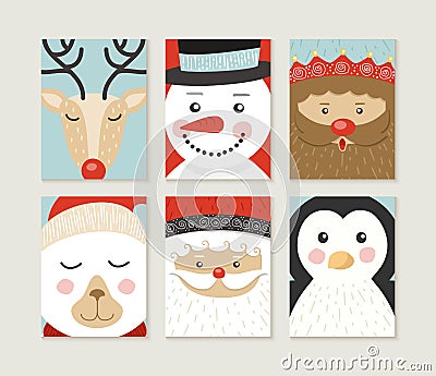 Merry christmas card set cute retro santa elf face Vector Illustration