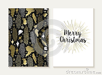 Merry christmas card set retro tribal gold pattern Vector Illustration