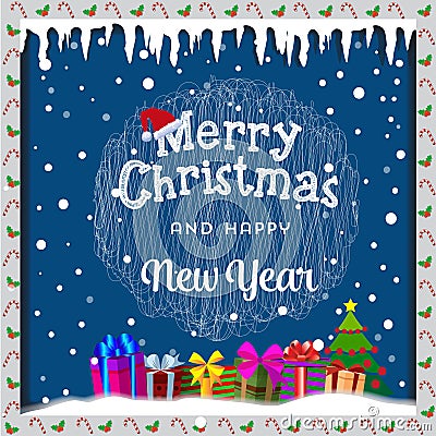 Merry Christmas card with snow, icicles, christmas tree and gif Vector Illustration