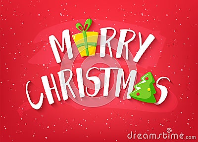 Merry Christmas card with text, christmas tree and gift on red background. Vector Vector Illustration