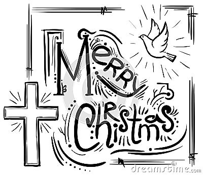 Merry Christmas card with text, cross and dove Vector Illustration