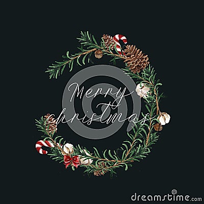 Merry christmas card. Wreath with pine branches and red berries, cotton and pine cones. Round frame with socks, gifts Stock Photo