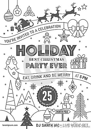 Merry Christmas invite with hand drawn elements. Vector Illustration