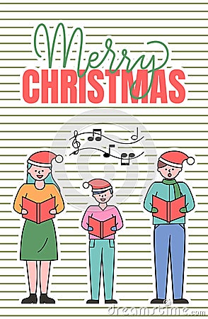 Merry Christmas Caroling of Family Members Card Vector Illustration