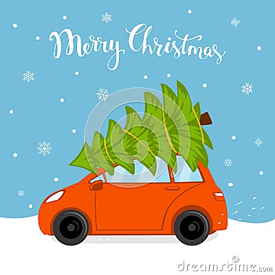 Merry christmas cartoon card with car driving home for xmas with pine tree bound on a roof Stock Photo