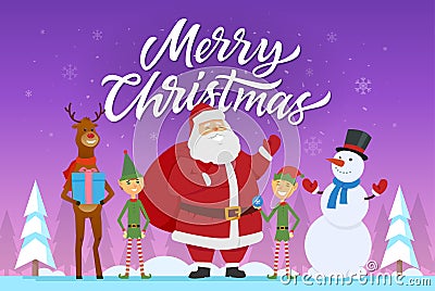 Merry Christmas - cartoon characters illustration with Santa, elves, raindeer, snowman Vector Illustration